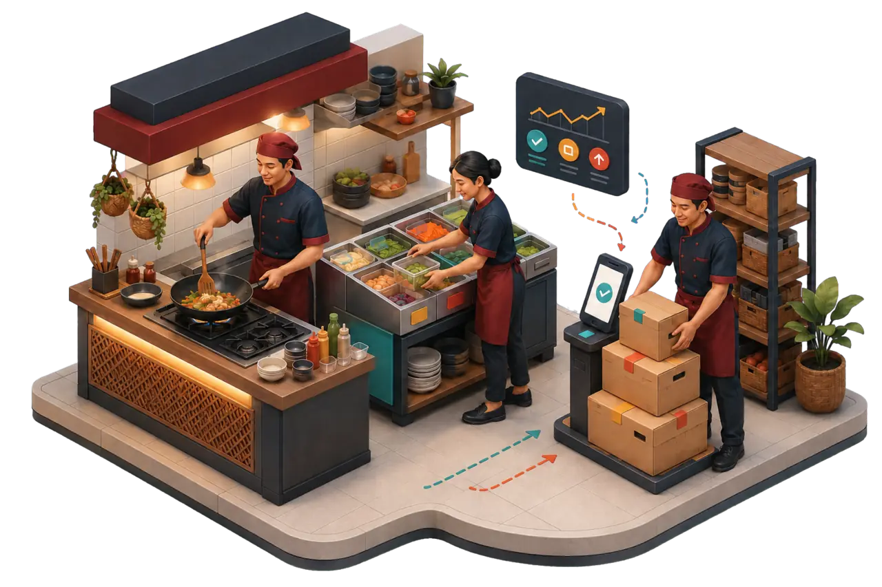 Ilustrasi isometric tim operasional restoran APJ